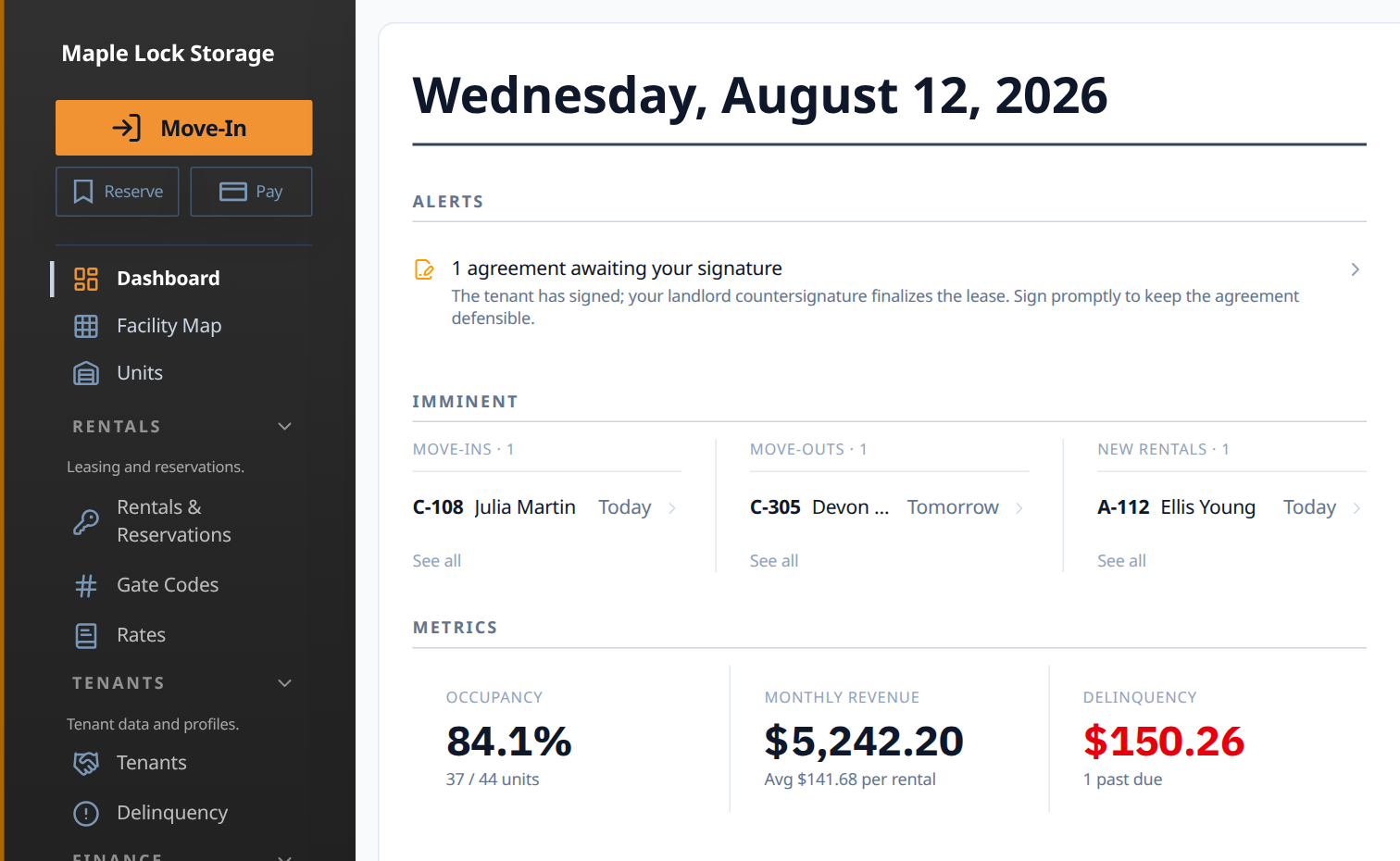 Synthetic Full Stack Storage facility dashboard for Maple Lock Storage, showing the operator workspace, an alert, and upcoming facility activity.